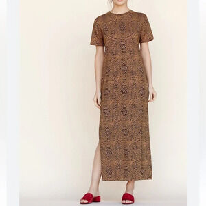 Callahan Leopard Print Short Sleeve Maxi Sweater Dress Tan Black Small Minimal